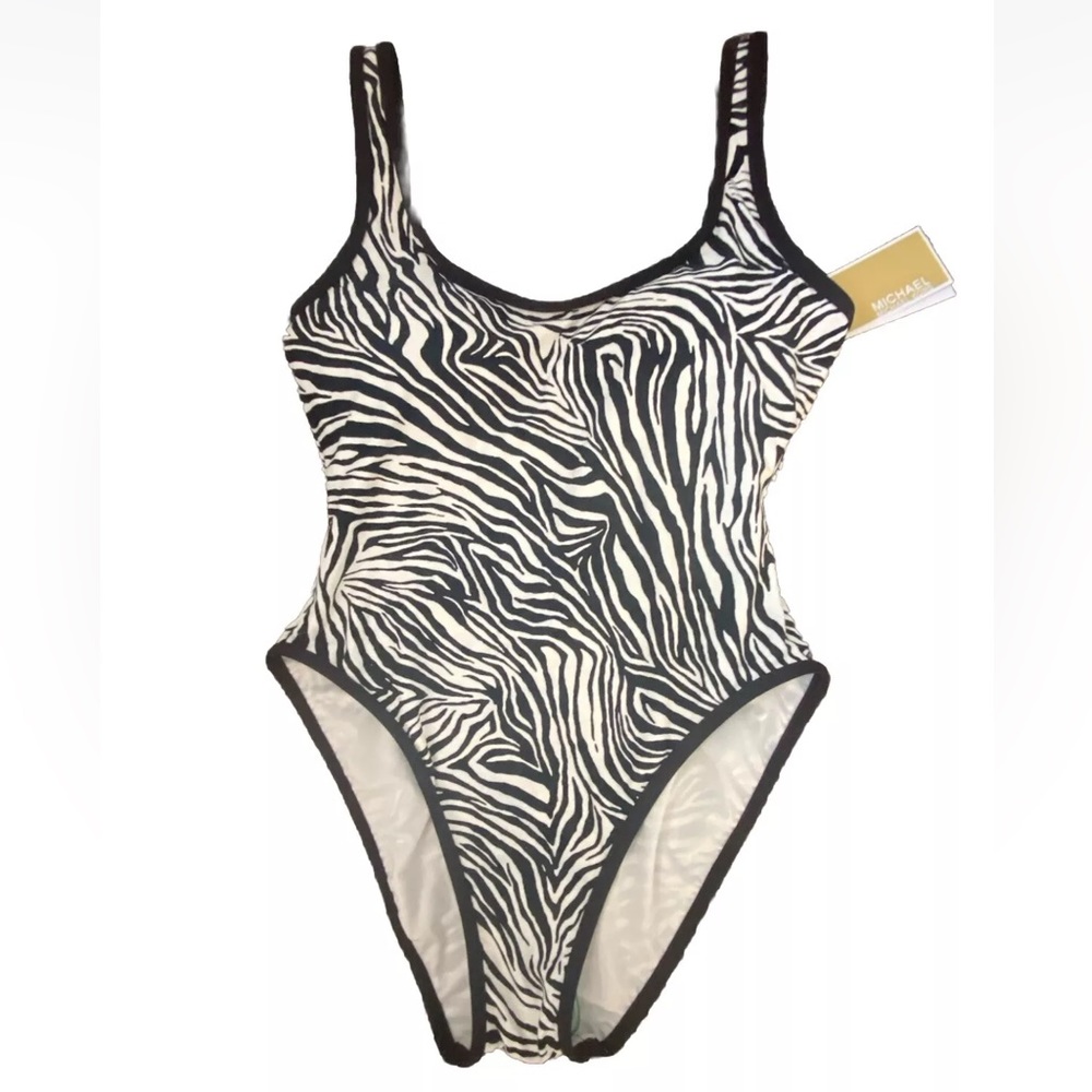Michael Kors Black and White Zebra Print Scoopneck One Piece Swimsuit Size 8